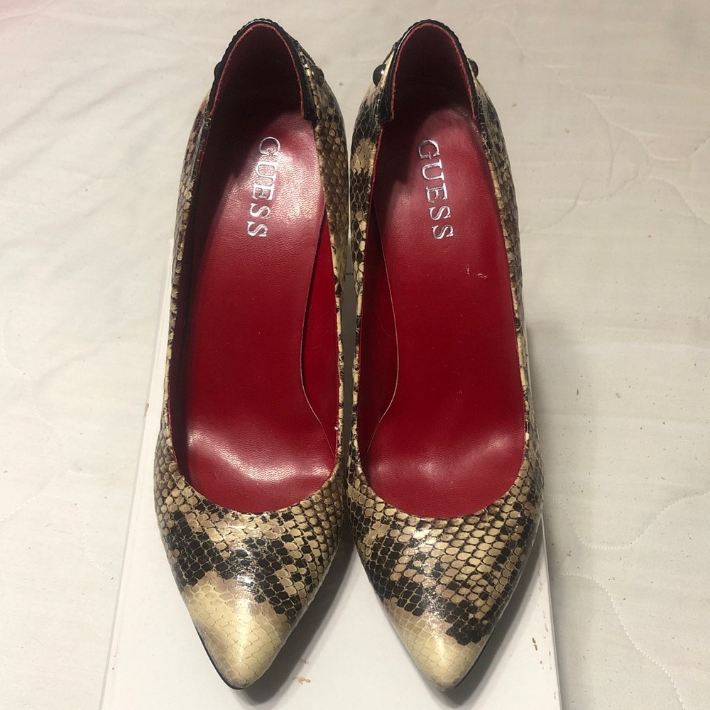 Guess Snake-Print Pointed Toe Pumps with Red Insole